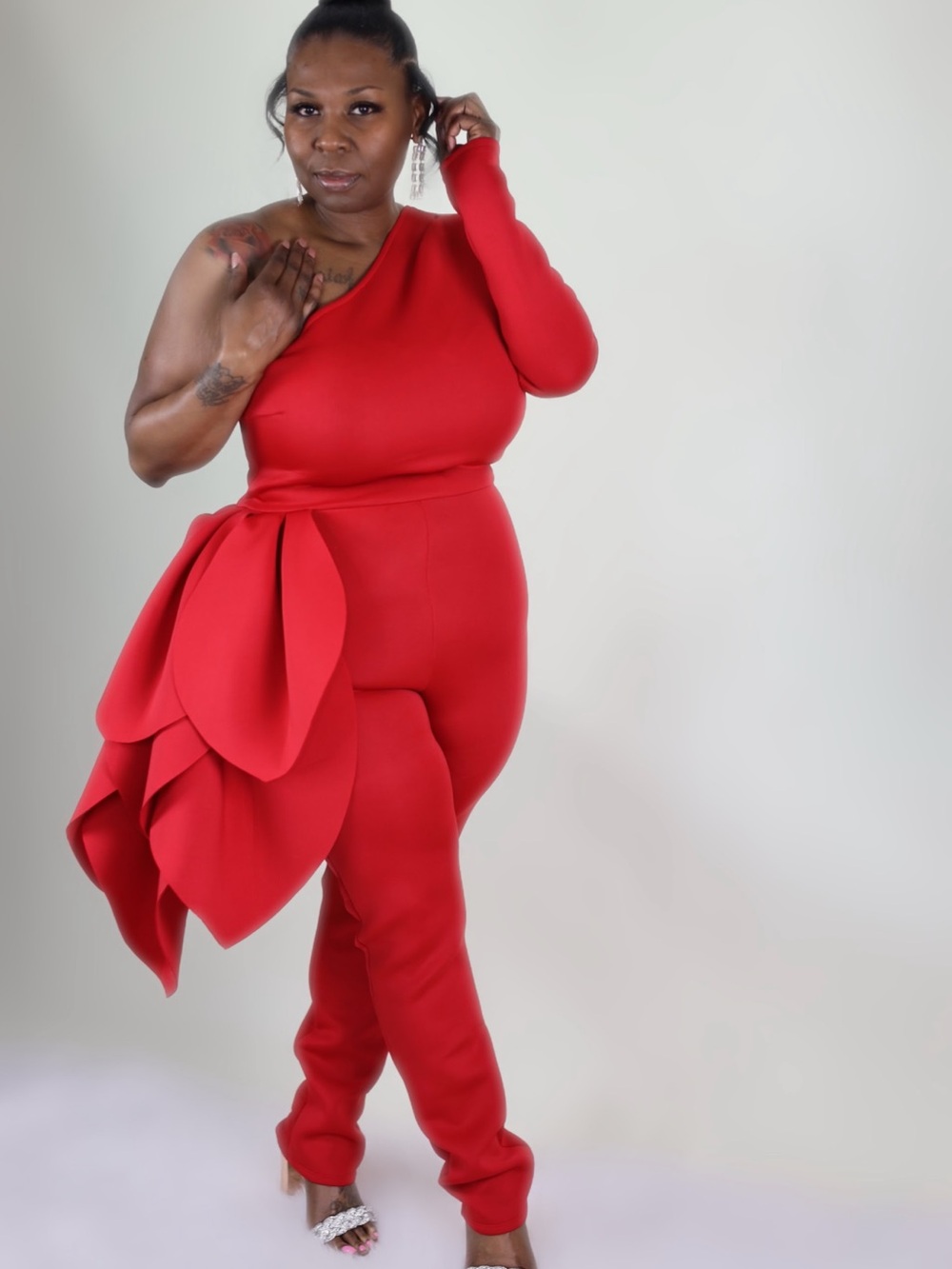 One-Shoulder Red Women's Jumpsuit with Sculptural Side Detail